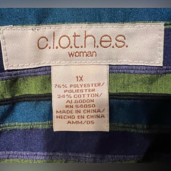 C.L.O.T.H.E.S. Womens Button Front Green Blue Stripe 3/4 Sleeve Collared 1X - Picture 6 of 6